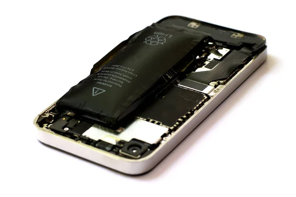 Opuchnięta Bateria Litowo Jonowa Wewnątrz Telefonu Komórkowego Białym Tle — Zdjęcie stockowe