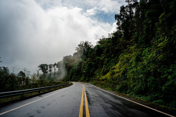 Деревенская дорога, проходящая через безмятежный пышной зелени и листвы тропических тропических лесов горный ландшафт на Дой Пхука горы заповедник национального парка северного Таиланда