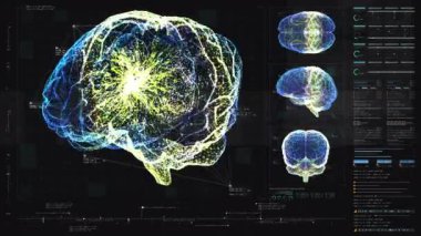 Tıbbi konsept: Sanal holografik beyin taraması analizi biyomedikal nöron patolojisi ve Alzheimer ve akli dengesizlik için tanı verilerinin 3D illüstrasyon füistik başı