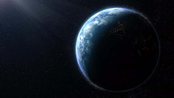 Een Filmische Simulatie Die Uit Lichtsnelheid Valt Planeet Aarde Nadert — Stockvideo