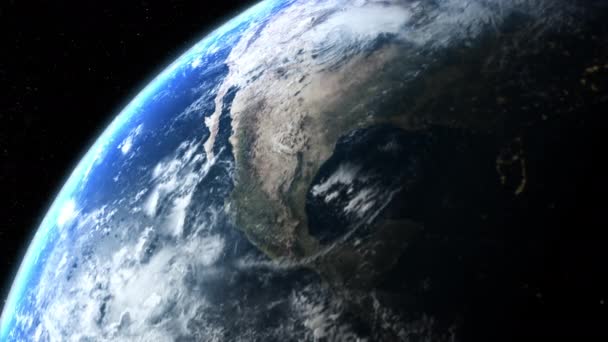 一个电影模拟下降的光速接近行星地球 美国航天局提供的这一片段的世界地图要素 — 图库视频影像