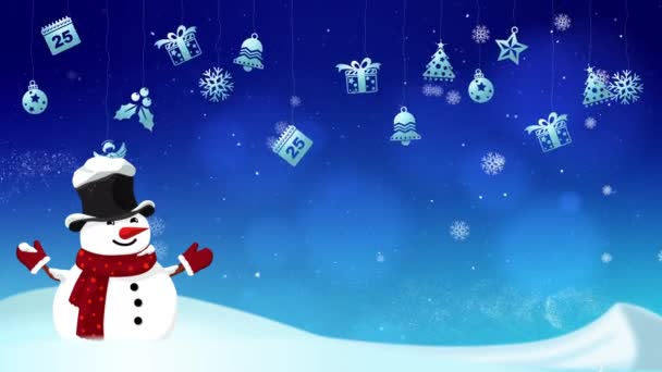 圣诞及新年动画片 以降雪及雪地为主题背景 以季节性的冬季假日景观为背景 配上图像图标 — 图库视频影像