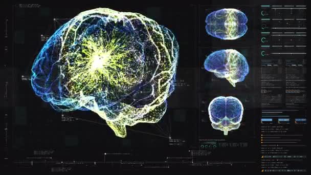 Tıbbi Konsept Sanal Holografik Beyin Taraması Analizi Biyomedikal Nöron Patolojisi — Stok video