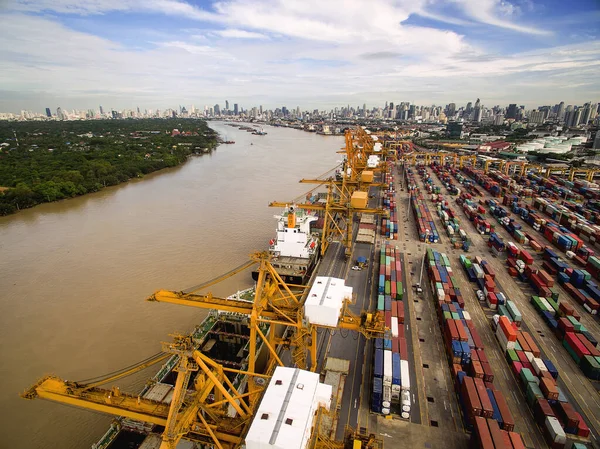 Aerial View Bangkok Dockyard Chao Phraya River Cargo Ships Waiting — Stock Photo, Image