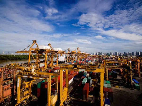 Aerial View Bangkok Dockyard Chao Phraya River Cargo Ships Waiting — Stock Photo, Image
