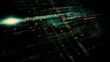Gelişmiş veri matrisi, Telemetri ve şifreleme numaraları simülasyon kullanıcı arayüzü görüntüsü siber uzayın soyut odak kaybı ortamı arkaplanı