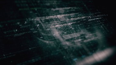 Gelişmiş veri matrisi, Telemetri ve şifreleme numaraları simülasyon kullanıcı arayüzü görüntüsü siber uzayın soyut odak kaybı ortamı arkaplanı