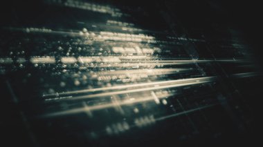 Gelişmiş veri matrisi, Telemetri ve şifreleme numaraları simülasyon kullanıcı arayüzü görüntüsü siber uzayın soyut odak kaybı ortamı arkaplanı