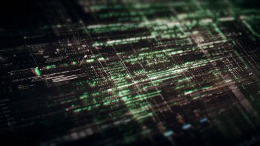 Gelişmiş veri matrisi, Telemetri ve şifreleme numaraları simülasyon kullanıcı arayüzü görüntüsü siber uzayın soyut odak kaybı ortamı arkaplanı