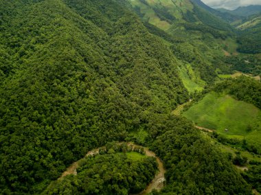 Doi Phuka Dağı 'ndaki yağmur mevsiminde yemyeşil yağmur bulutu içindeki bir köyün havadan görünüşü kuzey Tayland' daki ulusal parkı kaplamıştır.