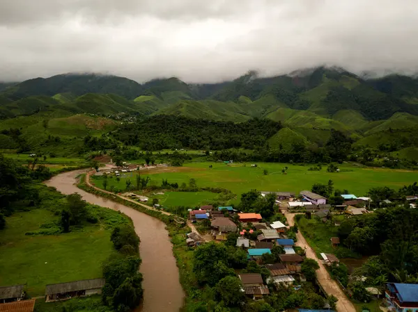 Aerial View Village Lush Green Rain Cloud Cover Tropical Rain — Stock Photo, Image