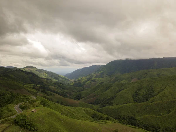ロジスティックなコンセプト 田舎道の空想的な眺め 穏やかな緑と葉の熱帯雨林の山の風景を通り抜ける高速道路 — ストック写真