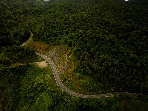 乡村道路 穿过宁静茂密的绿叶热带雨林山水的高速公路的物流概念鸟瞰 — 图库照片