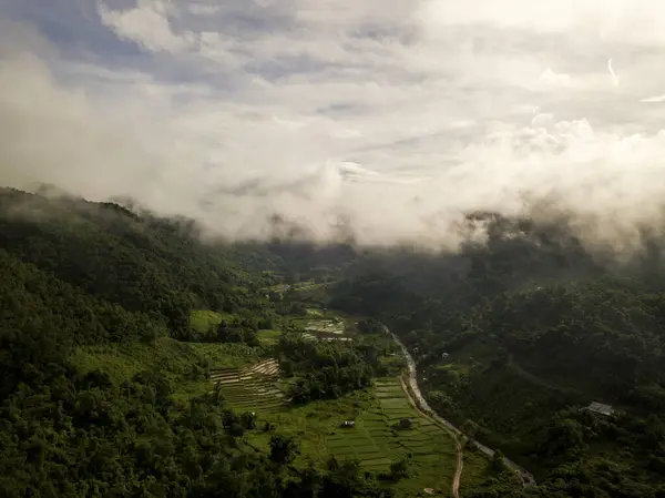 Aerial View Village Lush Green Rain Cloud Cover Tropical Rain — Stock Photo, Image