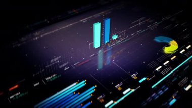 İş dünyası borsası, ticaret, animasyon grafikleri, grafikleri ve veri sayıları içgörü analizi ile bilgi grafiği iş toplantısı için monitör ekranında gösterilecek.