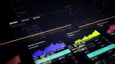 İş dünyası borsası, ticaret, animasyon grafikleri, grafikleri ve veri sayıları içgörü analizi ile bilgi grafiği iş toplantısı için monitör ekranında gösterilecek.
