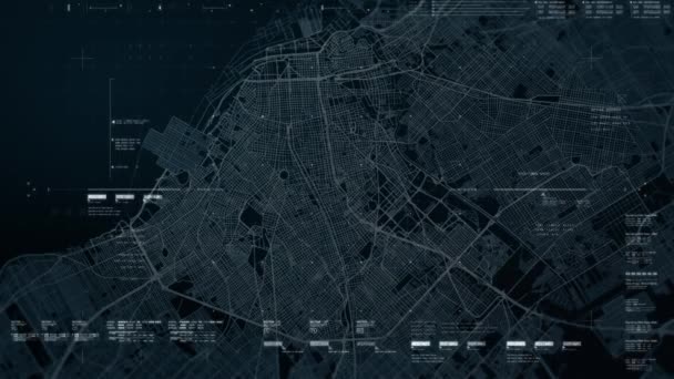 Futuristische Bewegungsgrafische Benutzeroberfläche Head Bildschirm Mit Digitalen Daten Stadtplan Telemetrie — Stockvideo