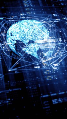 Gelecekçi soyut odak kaybı veri matrisi, meta, metaverse, telemetri ve sayıların siber uzay ortamındaki parçacıklar simülasyonunda baş ekran arkaplanı için şifrelenmesi