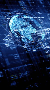 Gelecekçi soyut odak kaybı veri matrisi, meta, metaverse, telemetri ve sayıların siber uzay ortamındaki parçacıklar simülasyonunda baş ekran arkaplanı için şifrelenmesi