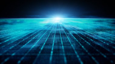 Büyüleyici hareketli soyut matris parçacıkları ile büyüleyici siber uzay gelecekteki harikalar arasında büyüleyici bir ızgara oluşturuyor. Gelişmiş veri matrisi simülasyonu ve birbirine bağlı ağlar