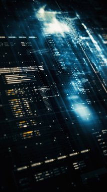 Gelecekçi soyut odak kaybı veri matrisi, meta, metaverse, telemetri ve sayıların siber uzay ortamındaki parçacıklar simülasyonunda baş ekran arkaplanı için şifrelenmesi