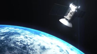 Güneş doğarken Dünya gezegeninin canlı mavi atmosferli ve bulutlu gökyüzü aşağıdaki kıtaları gösterirken uzaydan görüntüsü olarak sinematik bir şekilde yansıtılması.