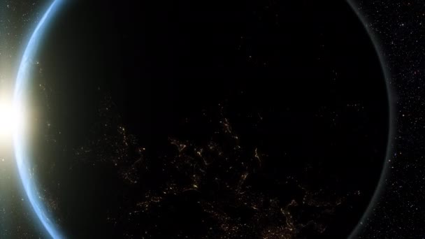 日の出の間の惑星地球の映画的なレンダリングは 下の大陸を示す鮮やかな青い雰囲気と曇った空と宇宙からの眺めとして — ストック動画