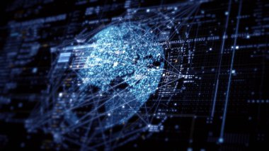 Birbirine bağlı veri matrisi bilgi ağları arka planının dinamik ve sürükleyici bir görüntüsüne sahip ileri teknoloji dijital ortamına sahip veri matrisi simülasyonu UI
