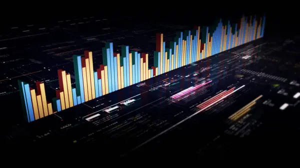 株式取引インフォグラフィックによるビジネスプレゼンテーション モニター表示画面のグラフとチャートは 生産的なビジネスミーティングのための洞察力のあるデータ分析を提供します — ストック写真