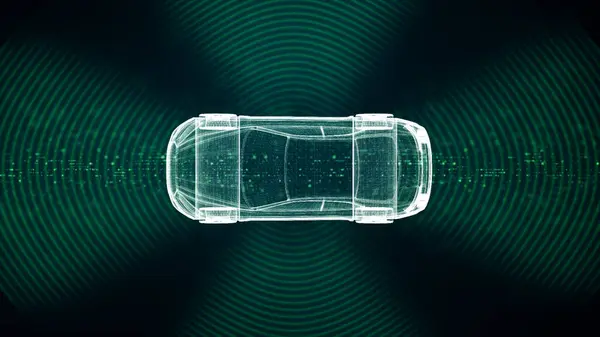 Zaawansowana Grafika Ruchu Ilustruje Autonomiczny Pojazd Wyposażony Samoświadomość Kompleksowe Czujniki — Zdjęcie stockowe
