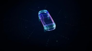 Gelişmiş holografik hareket grafikleri, öz farkındalık ve geniş çevresel algılama ile donatılmış otonom bir araç tasvir ediyor.