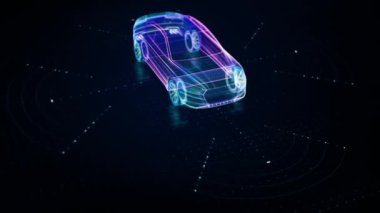 Gelişmiş holografik hareket grafikleri, öz farkındalık ve geniş çevresel algılama ile donatılmış otonom bir araç tasvir ediyor.