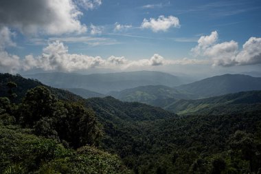  Berrak dağ manzarası, yemyeşil ormanlarla çevrili şafak vakti Doi Phuka Ulusal Parkı 'nda, Tayland' ın Nan Eyaleti 'nde.