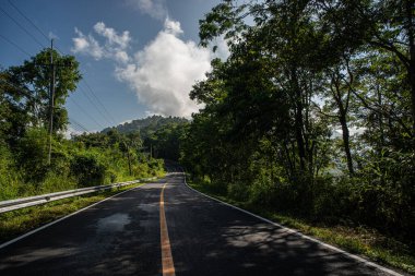 Nan Eyaleti 'ndeki Doi Phuka Ulusal Parkı' nda şafak vakti masmavi gökyüzünün altında yemyeşil ormanlarla çevrili sakin bir dağ manzarasının içinden kırsal bir yol esiyor.