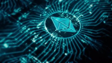 Gelişmiş kripto para birimi ve şifreleme teknolojisini vurgulayan gelecekçi dijital arkaplan, blockchain ağları ve güvenli kriptografik sistemler içeriyor: Ethereum