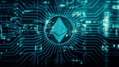 Gelişmiş kripto para birimi ve şifreleme teknolojisini vurgulayan gelecekçi dijital arkaplan, blockchain ağları ve güvenli kriptografik sistemler içeriyor: Ethereum