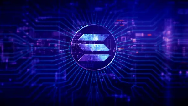 Gelişmiş kripto para birimi ve şifreleme teknolojisini vurgulayan gelecekçi dijital arkaplan, blockchain ağları ve güvenli kriptografik sistemler içeriyor: SOL