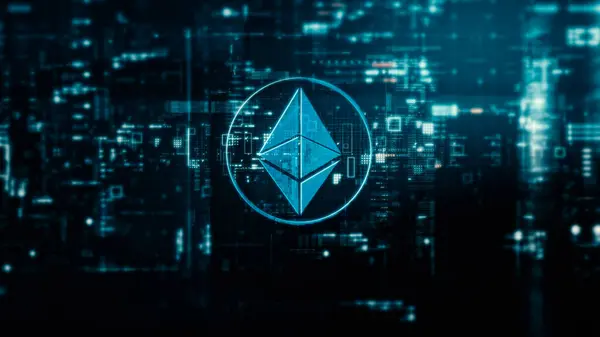 Gelişmiş kripto para birimi ve şifreleme teknolojisini vurgulayan gelecekçi dijital arkaplan, blockchain ağları ve güvenli kriptografik sistemler içeriyor: Ethereum