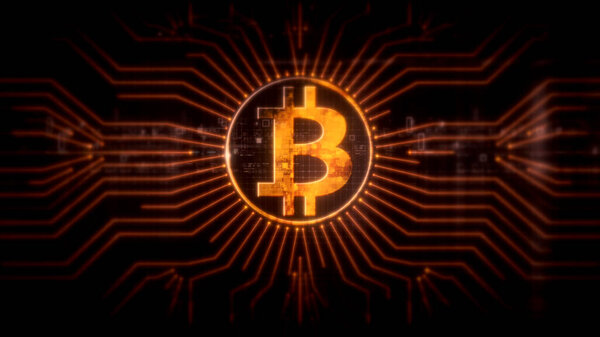 Futuristic digital background highlighting advanced cryptocurrency and encryption technology, featuring blockchain networks and secure cryptographic systems : Bitcoin