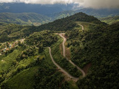  Berrak dağ manzarası, yemyeşil ormanlarla çevrili mavi gökyüzünün altında şafak vakti 