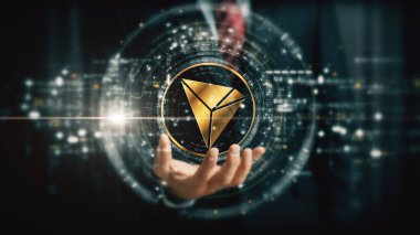 Gelişmiş kripto para birimi ve şifreleme teknolojisini vurgulayan gelecekçi dijital arkaplan, engelleme ağları ve güvenli kriptografik sistemler - TRON şifreleme