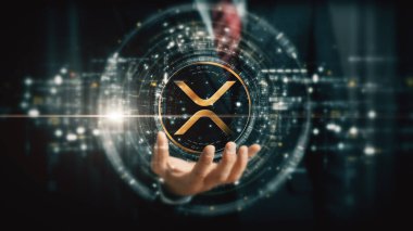 Gelişmiş kripto para birimi ve şifreleme teknolojisini vurgulayan gelecekçi dijital arkaplan, blockchain ağları ve güvenli kriptografik sistemler - XRP kripto