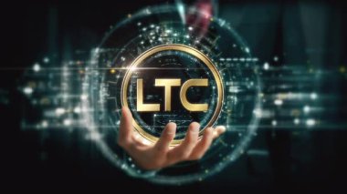  LTC şifreleme madeni para parlak arka planlı el konsepti 