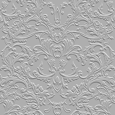 Floral Baroque white 3d seamless pattern. Vector embossed grunge background. Repeat emboss backdrop. Surface relief 3d flowers leaves ornament in Baroque style. Textured design with embossing effect.