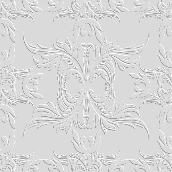 花バロック3Dシームレスパターン ベクターエンボスグランジホワイトの背景 背景を繰り返します 表面レリーフ3D花はバロック様式で装飾を残します エンボス加工が施されたテクスチャデザイン — ストックベクタ