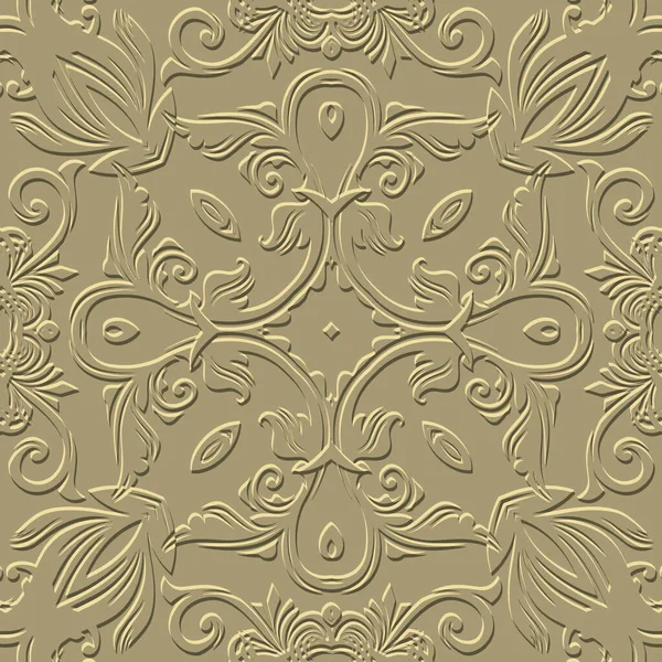 ゴールドバロック3Dシームレスパターン ベクトルエンボスフラワーグランジの背景 背景を繰り返します 表面レリーフ3D花はバロック様式で装飾を残します エンボス加工が施されたテクスチャデザイン — ストックベクタ