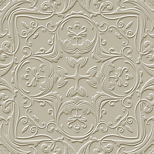 Floral Baroque Beige Seamless Pattern Vector Embossed Grunge Background Repeat — Stock Vector