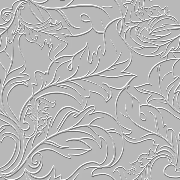 花のバロック線は3Dシームレスなパターンを残します 白いエンボス加工のグランジの背景 背景を繰り返します 表面レリーフ3Dラインアートの花はバロック様式で装飾を残します 質感のある葉物デザイン — ストックベクタ
