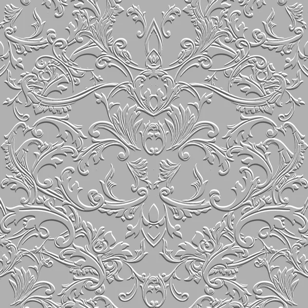花バロック白3Dシームレスパターン ベクトルエンボスグランジの背景 背景を繰り返します 表面レリーフ3D花はバロック様式で装飾を残します エンボス加工が施されたテクスチャデザイン — ストックベクタ