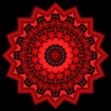 Mandala. Argyle zig zag mandala deseni. Rhombus ve zigzag çizgileri süsleri. Yunan tarzı zigzag çerçeve. Süslü, modern mandala desenleri. Siyah arka planda renkli tasarım. Çember.